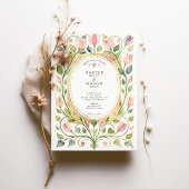 Romantic Art Nouveau Tulip & Hearts Gold Wedding Einladung