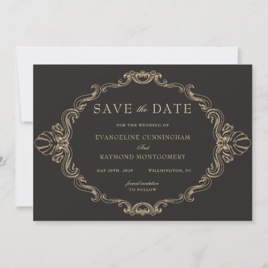 Romantic Baroque Ornate Frame Black Photo Save The Date (Vorderseite)