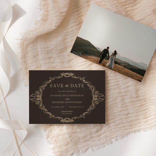 Romantic Baroque Ornate Frame Dark Brown Photo Save The Date