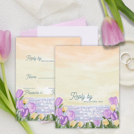 Romantic Beach Sunset Purple Florals Wedding Reply RSVP Karte