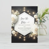 Romantic Bloom White Roses Hochzeit Save The Date (Stehend Vorderseite)