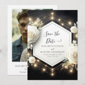 Romantic Bloom White Roses Hochzeit Save The Date (Vorne/Hinten)