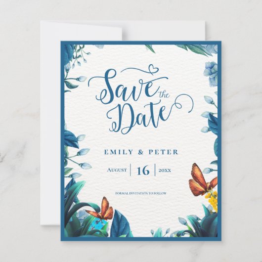 Romantic Blue Botanical Garden Theme Save the Date (Vorderseite)