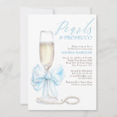 Romantic Blue Bow Pearls & Prosecco Bridal Shower Einladung (Vorderseite)