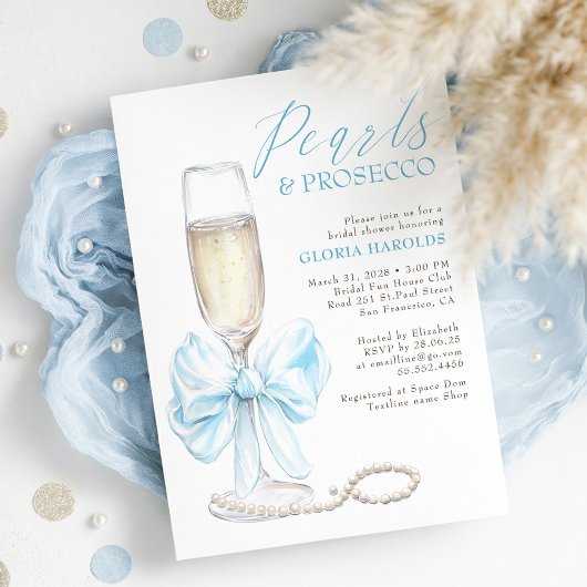 Romantic Blue Bow Pearls & Prosecco Bridal Shower Einladung