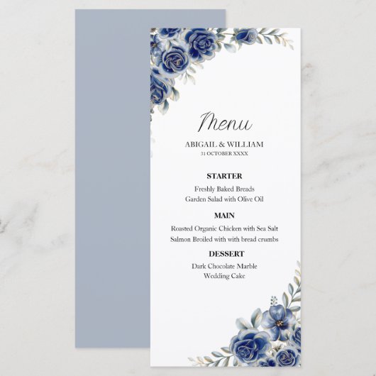 Romantic Blue Floral Botanical Wedding Menus Card Menükarte (Vorne/Hinten)