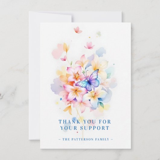 Romantic Blue Floral Butterfly Memorial Photo Card Dankeskarte (Vorderseite)