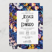 Romantic Blue Floral Elegante Chic Hochzeit Schwar Einladung (Vorne/Hinten)