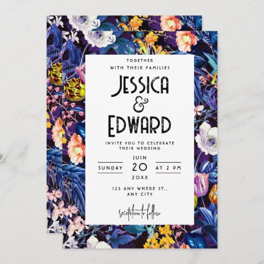 Romantic Blue Floral Elegante Chic Hochzeit Schwar Einladung (Vorne/Hinten)