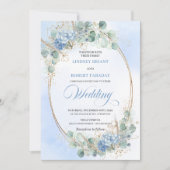 Romantic Blue Floral Gold Frame Wedding Invitation Einladung (Vorderseite)