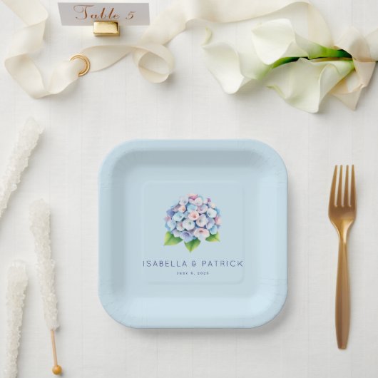Romantic Blue Floral Hydrangea Pappteller (Hochzeit)