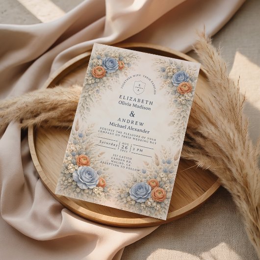 Romantic Blue Floral Wedding Einladung