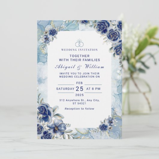 Romantic Blue Flower Floral Wedding Invitation Einladung (Stehend Vorderseite)