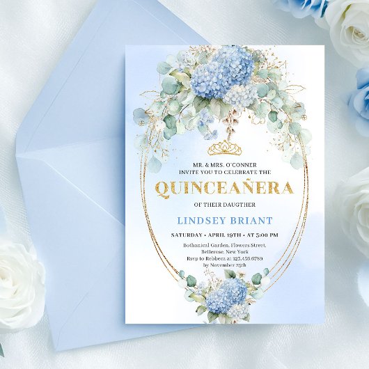 Romantic Blue Flowers Gold 15th Birthday Invite Einladung