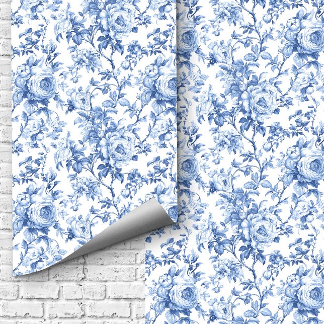 Romantic Blue French Toile Roses Floral Wallpaper  Tapete (Romantic Blue French Toile Roses Floral Wallpaper Design)