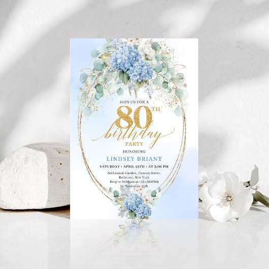 Romantic Blue Garden Floral 80th Birthday Invite Einladung