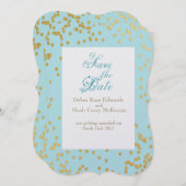 Romantic Blue Gold Confetti Save the Date Einladung (Vorne/Hinten)