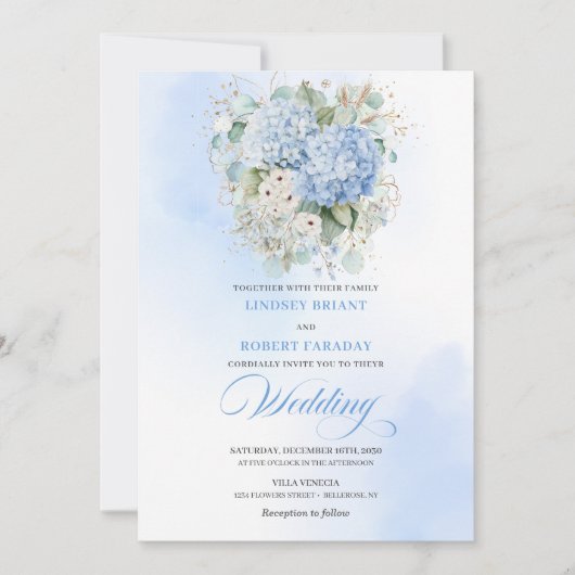 Romantic Blue Hydrangea Botanical Wedding Invite Einladung (Vorderseite)
