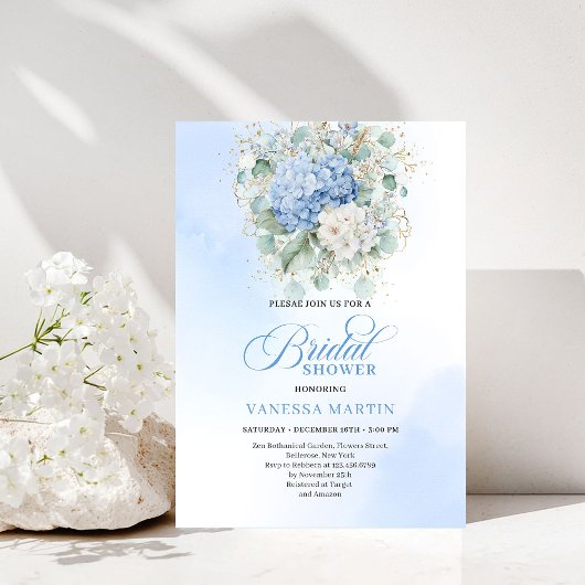 Romantic Blue Hydrangea Floral Bridal Shower Invit Einladung