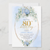 Romantic Blue Hydrangea Gold 80th Birthday Invite Einladung (Vorderseite)
