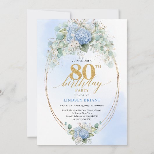 Romantic Blue Hydrangea Gold 80th Birthday Invite Einladung (Vorderseite)