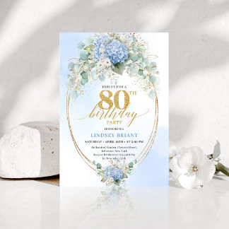 Romantic Blue Hydrangea Gold 80th Birthday Invite Einladung