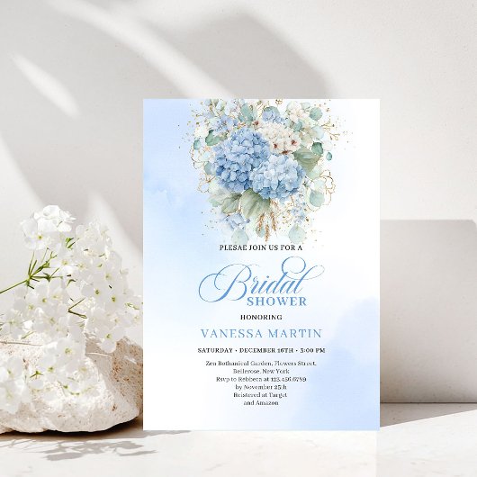 Romantic Blue Hydrangea Gold Floral Bridal Shower Einladung