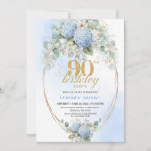 Romantic Blue Hydrangea Gold Frame 90th Birthday Einladung (Vorderseite)