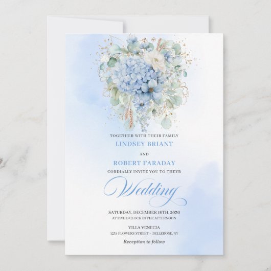 Romantic Blue Hydrangea Gold Frame Wedding Invite Einladung (Vorderseite)