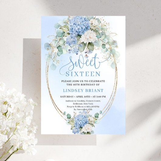 Romantic Blue Hydrangea Sweet Sixteen Invitation Einladung