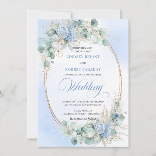 Romantic Blue Hydrangea Wheat Botanical Wedding Einladung (Vorderseite)