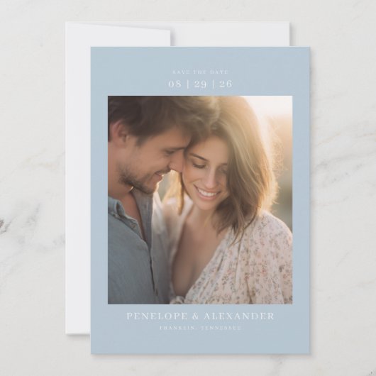 Romantic Blue Minimalist Photo Save The Date (Vorderseite)
