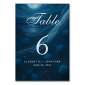 Romantic Blue Moonlit Beach Wedding Tischnummer (Rückseite)