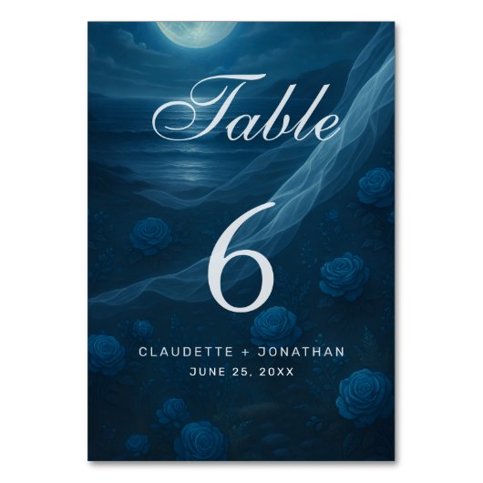 Romantic Blue Moonlit Beach Wedding Tischnummer (Vorderseite)