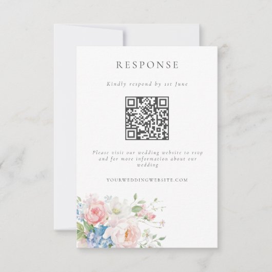 Romantic Blue & Pink Pastel Floral QR Code Wedding RSVP Karte (Vorderseite)