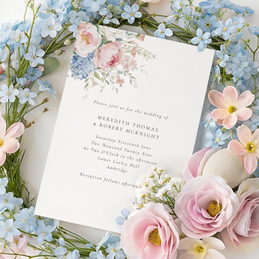 Romantic Blue & Pink Pastel Floral Wedding Einladung