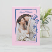 Romantic Blue Pink Rose Illustration Photo Wedding Dankeskarte (Stehend Vorderseite)
