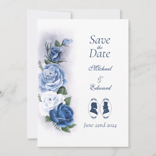 Romantic Blue Regency Gay Botanical Silhouette  Save The Date (Vorderseite)
