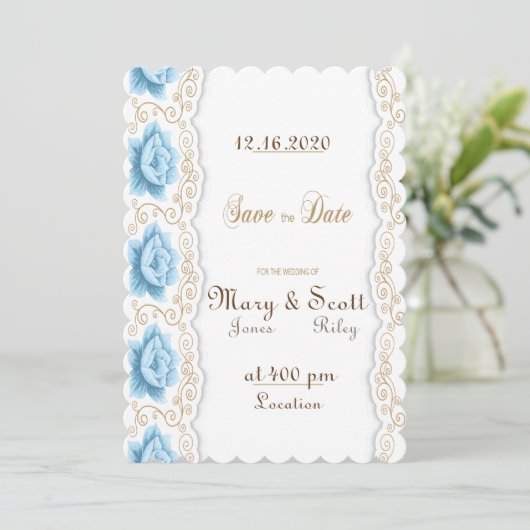 Romantic Blue Rose Gold Swirl Save The Date (Stehend Vorderseite)