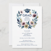 Romantic Blue Shades Floral Wreath Graduation Einladung (Vorderseite)