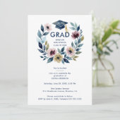 Romantic Blue Shades Floral Wreath Graduation Einladung (Stehend Vorderseite)
