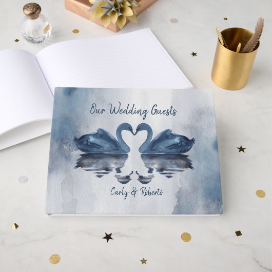 Romantic Blue Swan Wedding Gästebuch (Vorderseite Offen)