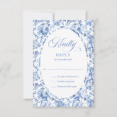 Romantic Blue Toile Roses Custom Wedding RSVP Card (Vorderseite)