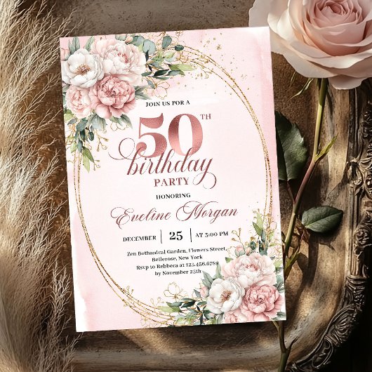 Romantic Blush Eucalyptus 50th Birthday Invitation Einladung