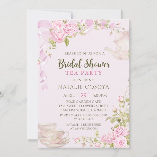 Romantic Blush Floral Bridal Shower Tea Party Einladung (Vorderseite)