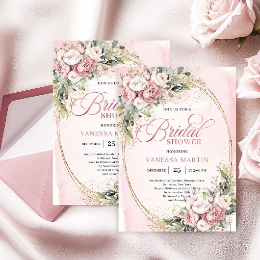 Romantic Blush Floral Greenery Gold Shower Einladung