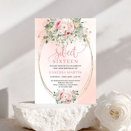 Romantic Blush Floral Sweet 16 Birthday Invitation Einladung