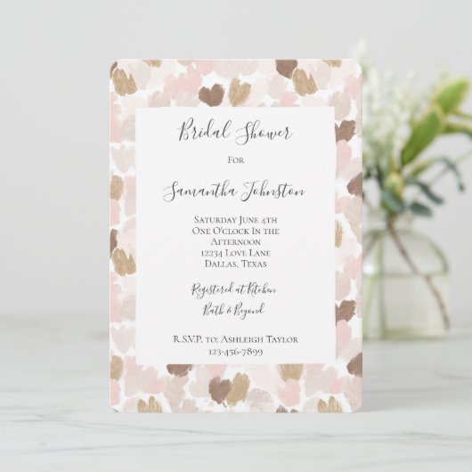 Romantic Blush Pink Brown Hearts Bridal Shower Einladung (Stehend Vorderseite)