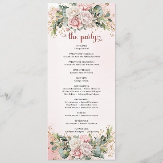 Romantic Blush Pink Floral Gold Greenery Wedding Programm (Rückseite)