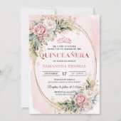 Romantic Blush Pink Floral Greenery Quinceañera Einladung (Vorderseite)